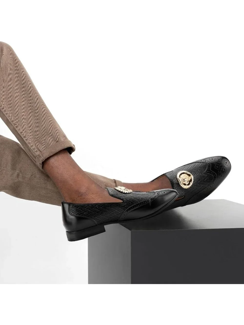 JITAI Men's Black01 Rubber Loafer Metal Lion Head Buckle Comfortable Party Shoes
